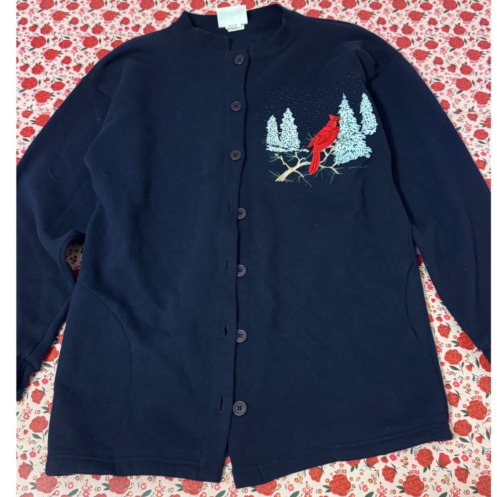 Vintage Endless Designs Cardinal Winter‎ Embroidered Sweatshirt Cardigan Navy b2